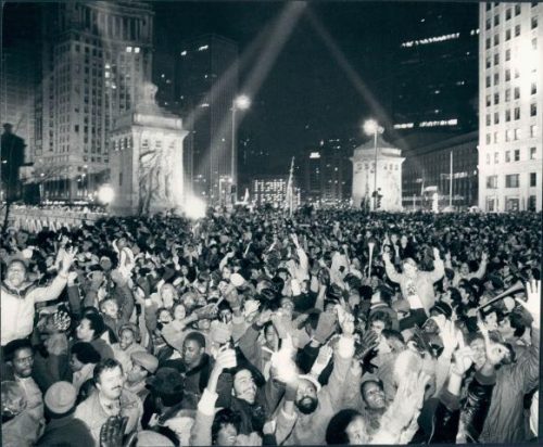 Chicago rings in the New Year on N Michigan Ave, 1982.