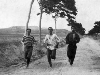 Three men running in the first marathon at the 1896 Summer Olympics